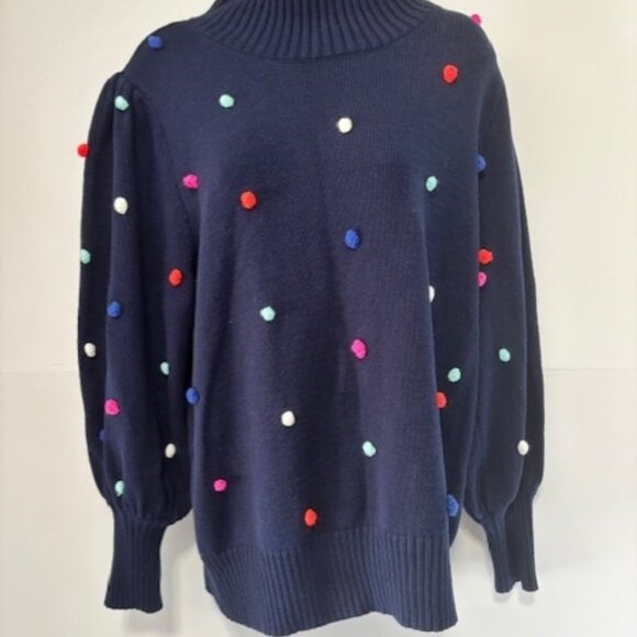Crown & Ivy 1X Navy Multicolor Polka Dot Sweater Bishop Sleeve Ribbed Party Fun - Picture 1 of 6